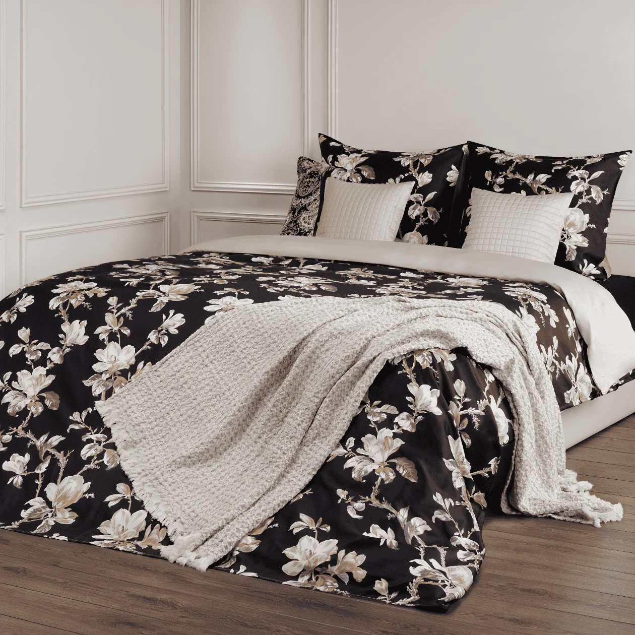 Dommelin Dekbedovertrekset Magnolia Satijn 400TC, bed set, floral print, black bedding, comforter, pillow sham