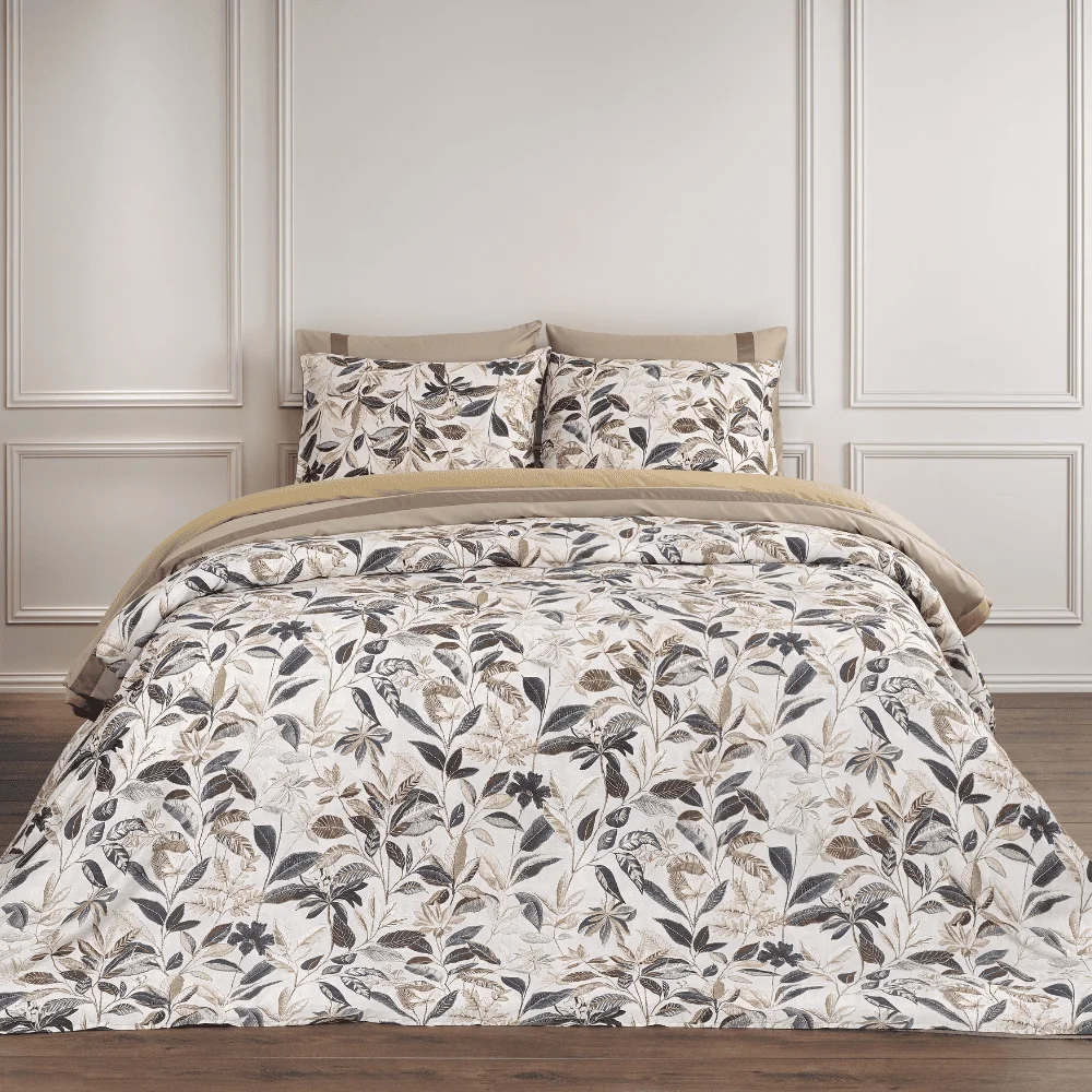 Dommelin Hoeslaken Feto Satijn 400TC, bedset, duvet, bladpatroon, neutrale kleuren, tweede kussenslopen