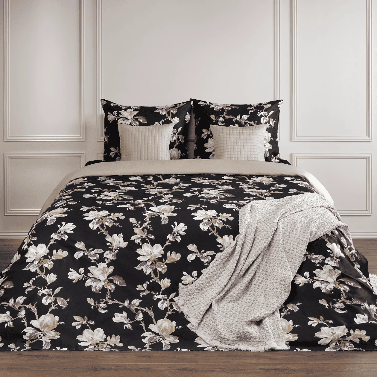 Dommelin Dekbedovertrekset Magnolia Satijn 400TC, bedset, duvet, bloem, zwart, linnen