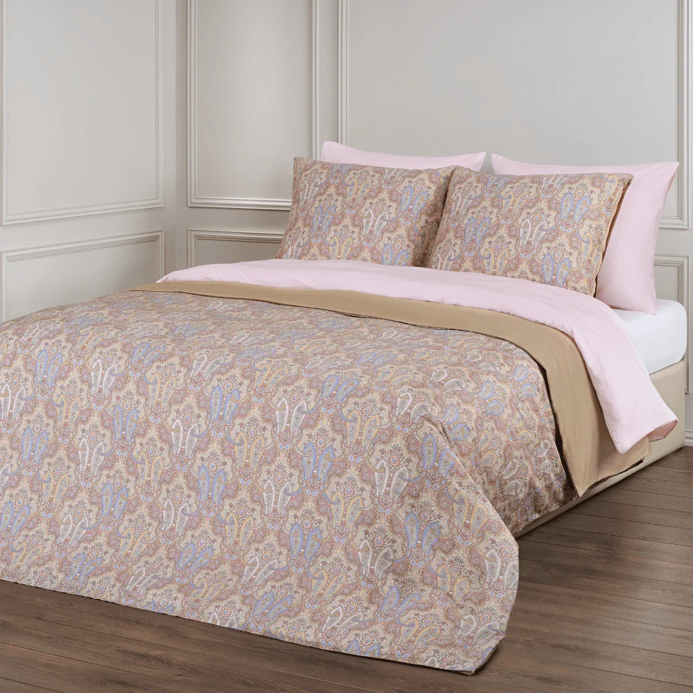 Dommelin Dekbedovertrekset Fortuna Satijn 400TC, edredón, conjunto de cama, patrón paisley, funda de almohada rosa, ropa de cama beige