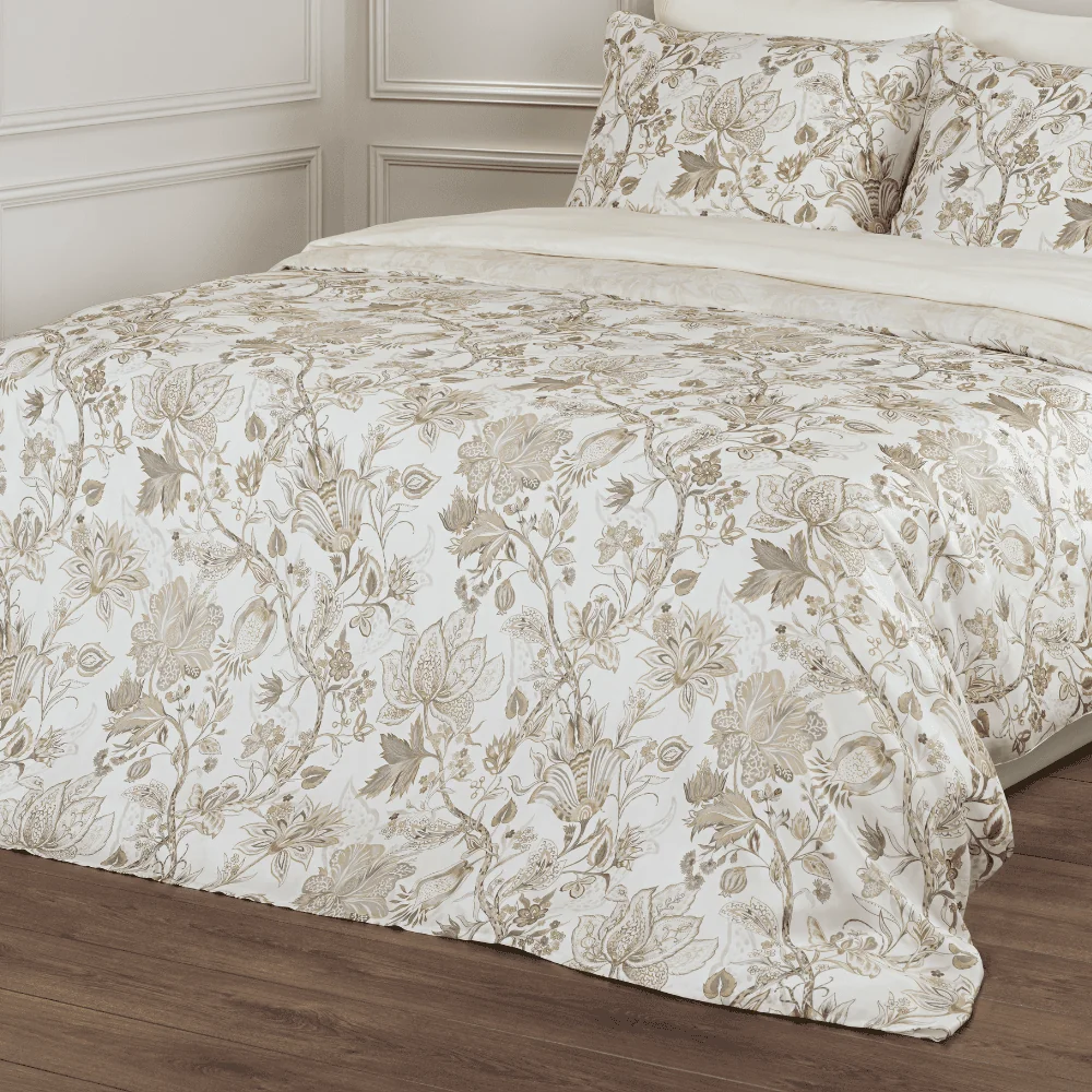 Dommelin Lakenset Bacio Tencel Satijn 300TC, bedding, duvet cover, queen size, floral pattern, beige