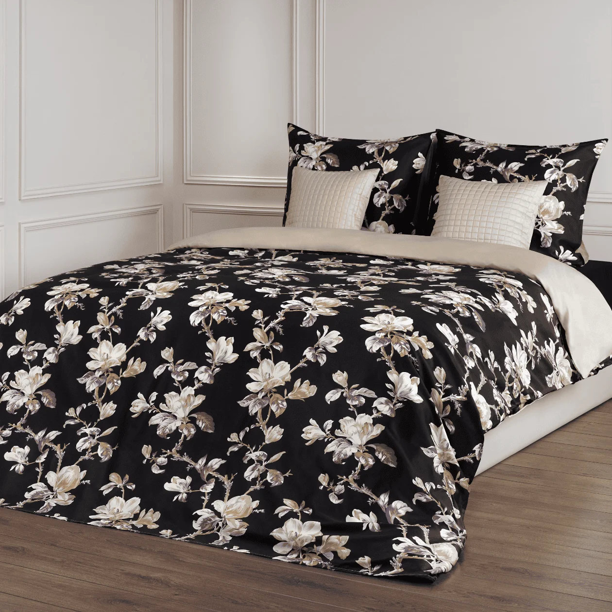 Dommelin Dekbedovertrekset Magnolia Satijn 400TC, bedset, duvethoesl, bloemenpatroon, zwart, decoratievekussens