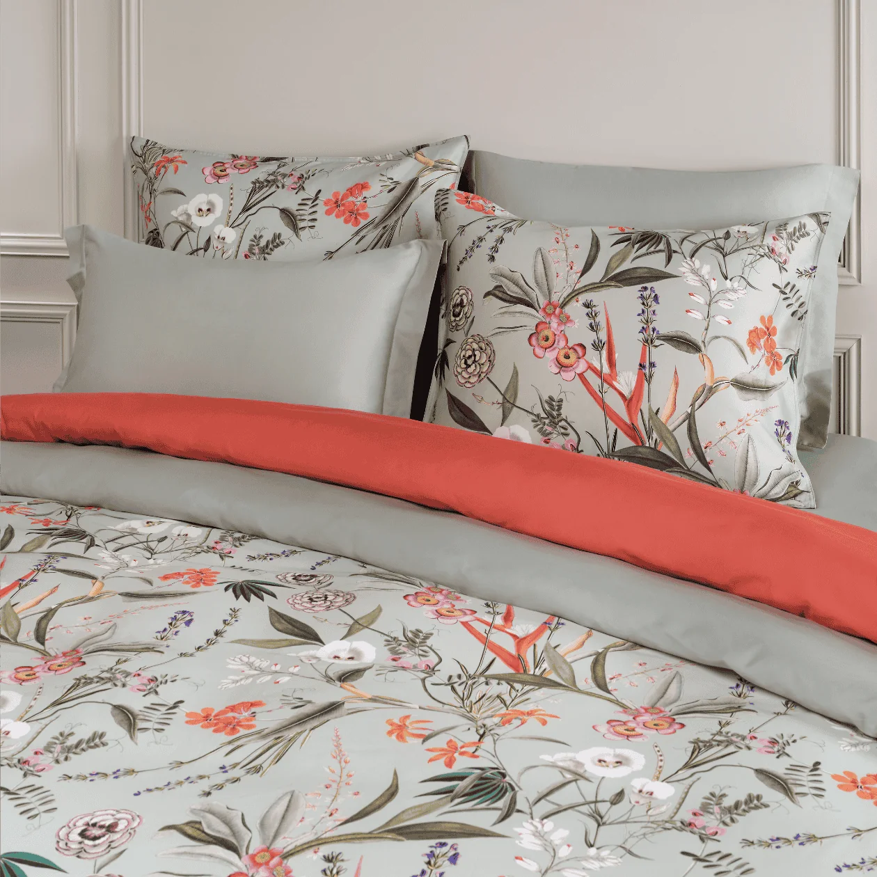Dommelin Dekbedovertrekset Silvestre Satijn 400TC, bedding, duvet cover, kussenslopen, bloemenpatroon, grijs