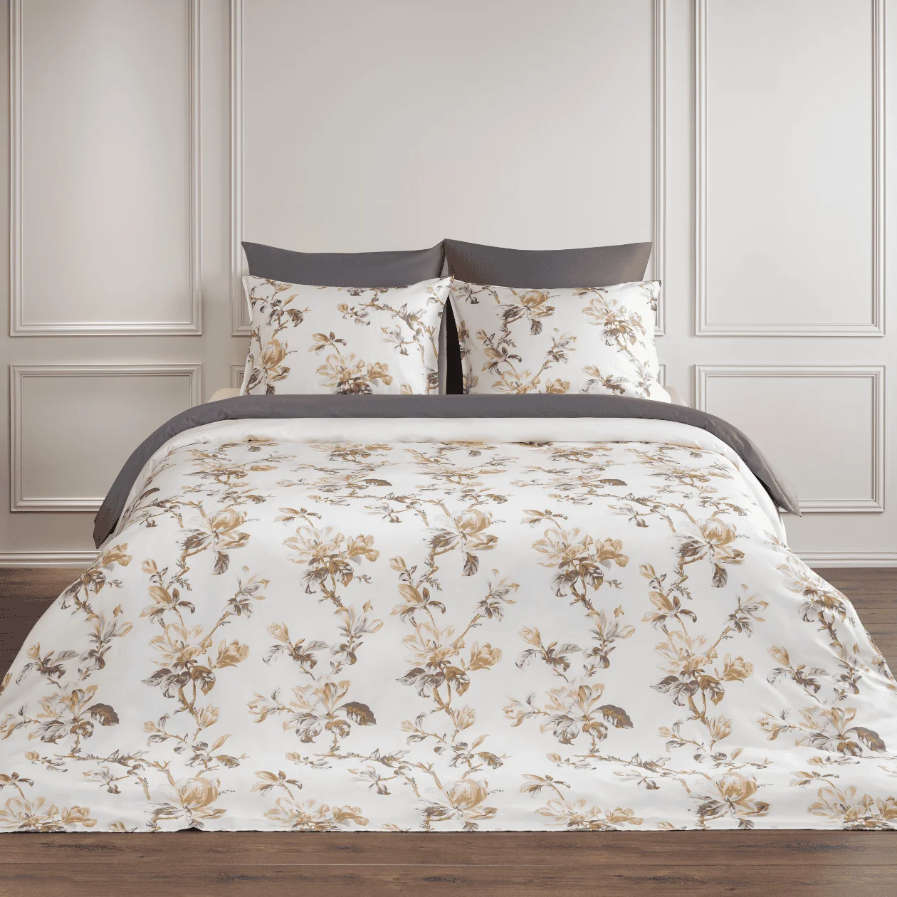Dommelin Dekbedovertrekset Magnolia Satijn 400TC, bedset, dekbedovertrek, bloemenpatroon, neutraal beige, kussenslopen