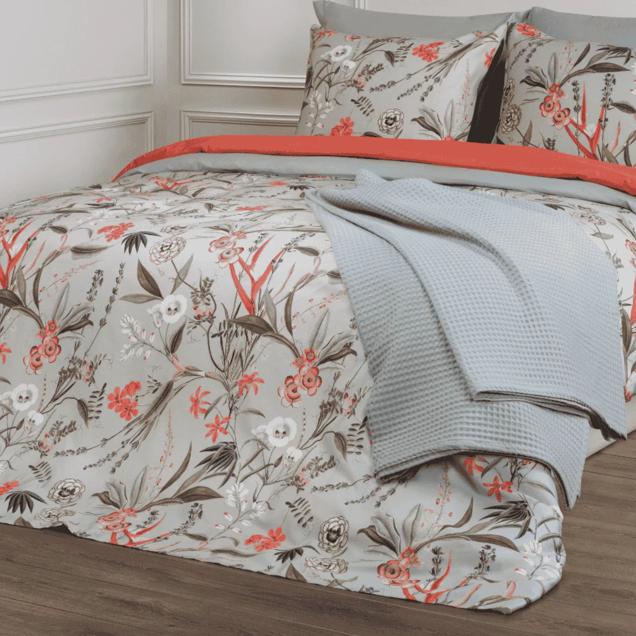 Dommelin Lakenset Silvestre Satijn 400TC, beddengoed, floral patroon, duveokcover, kussenslopen, grijs roze accenten
