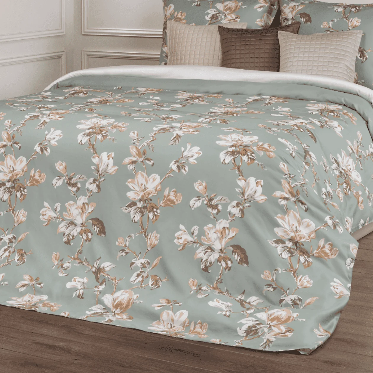 Dommelin Lakenset Magnolia Satijn 400TC, bedspread, duvet, bloemig, patroon, turkoois