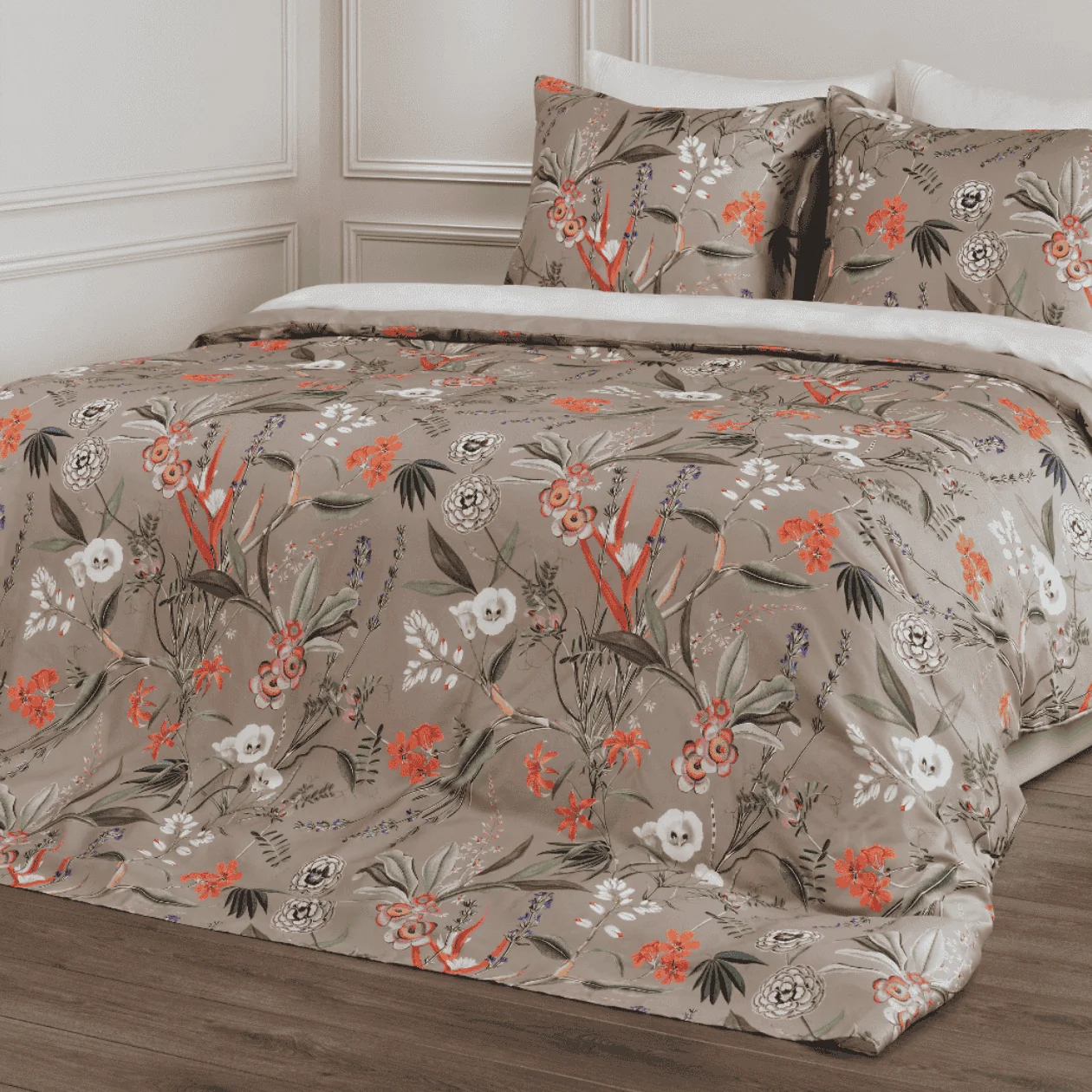 Dommelin Lakenset Silvestre Satijn 400TC, dekbed, comforter, bloemen, bedspread, neutrale tint