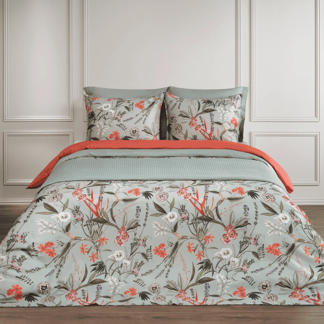 Dommelin Dekbedovertrekset Silvestre Satijn 400TC, bed-in-de-zak, floraal-print, duvet-dekbed, kussenhoes, mintgroen