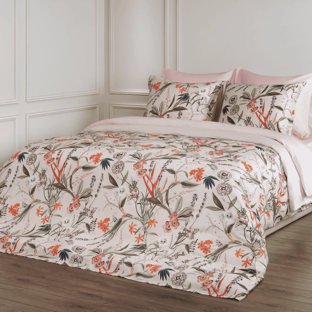 Dommelin Dekbedovertrekset Silvestre Satijn 400TC, bed set, duvet cover, floral print, wit, kussenhoezen